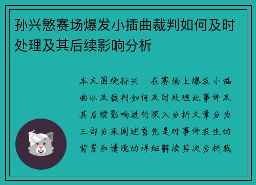 孙兴慜赛场爆发小插曲裁判如何及时处理及其后续影响分析