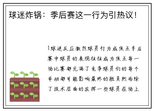 球迷炸锅：季后赛这一行为引热议！
