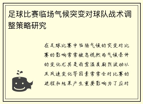 足球比赛临场气候突变对球队战术调整策略研究