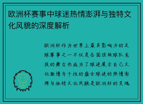 欧洲杯赛事中球迷热情澎湃与独特文化风貌的深度解析